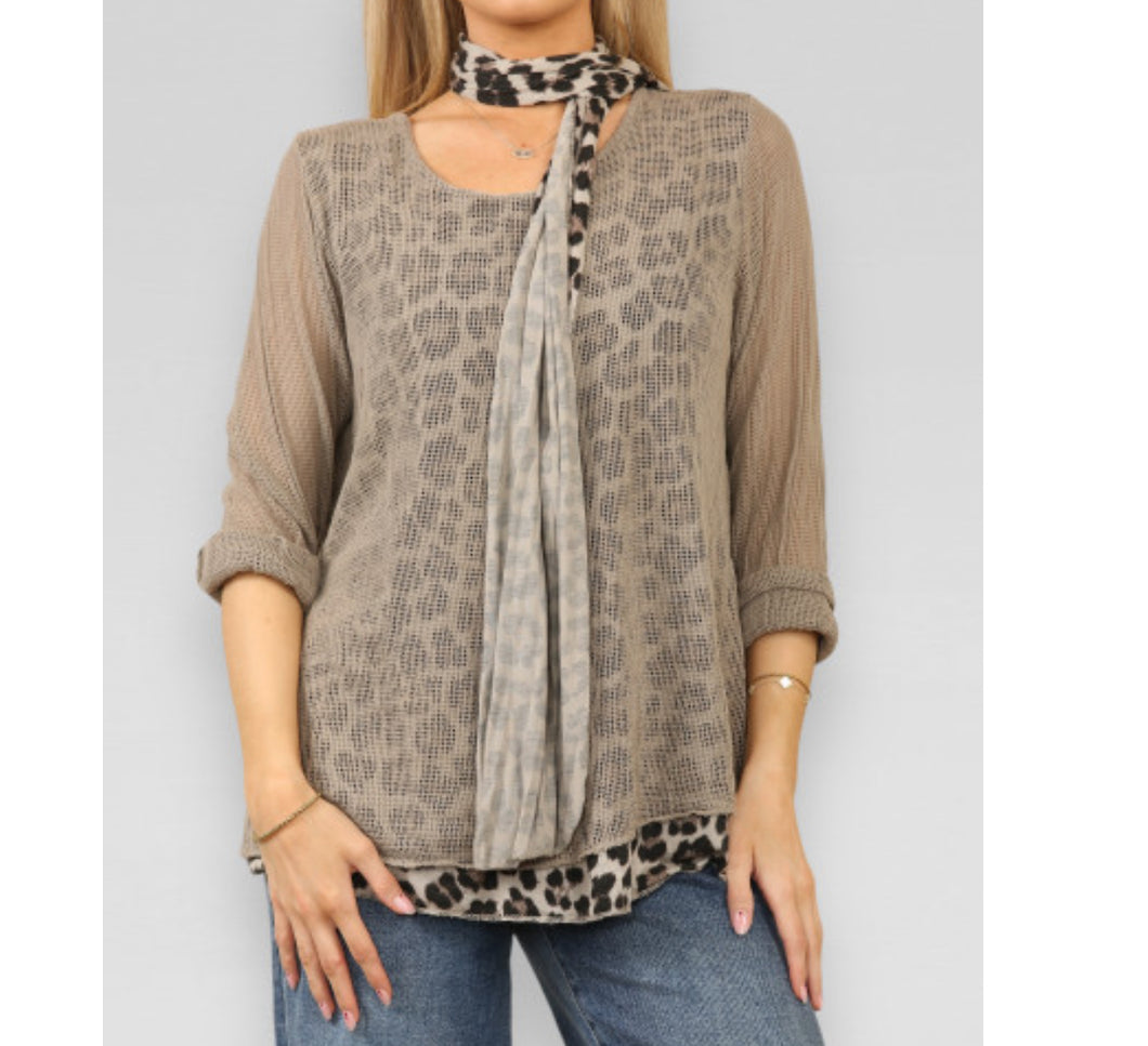 DOUBLE LAYER MESH LEOPARD PRINT TOP WITH SCARF TAUPE