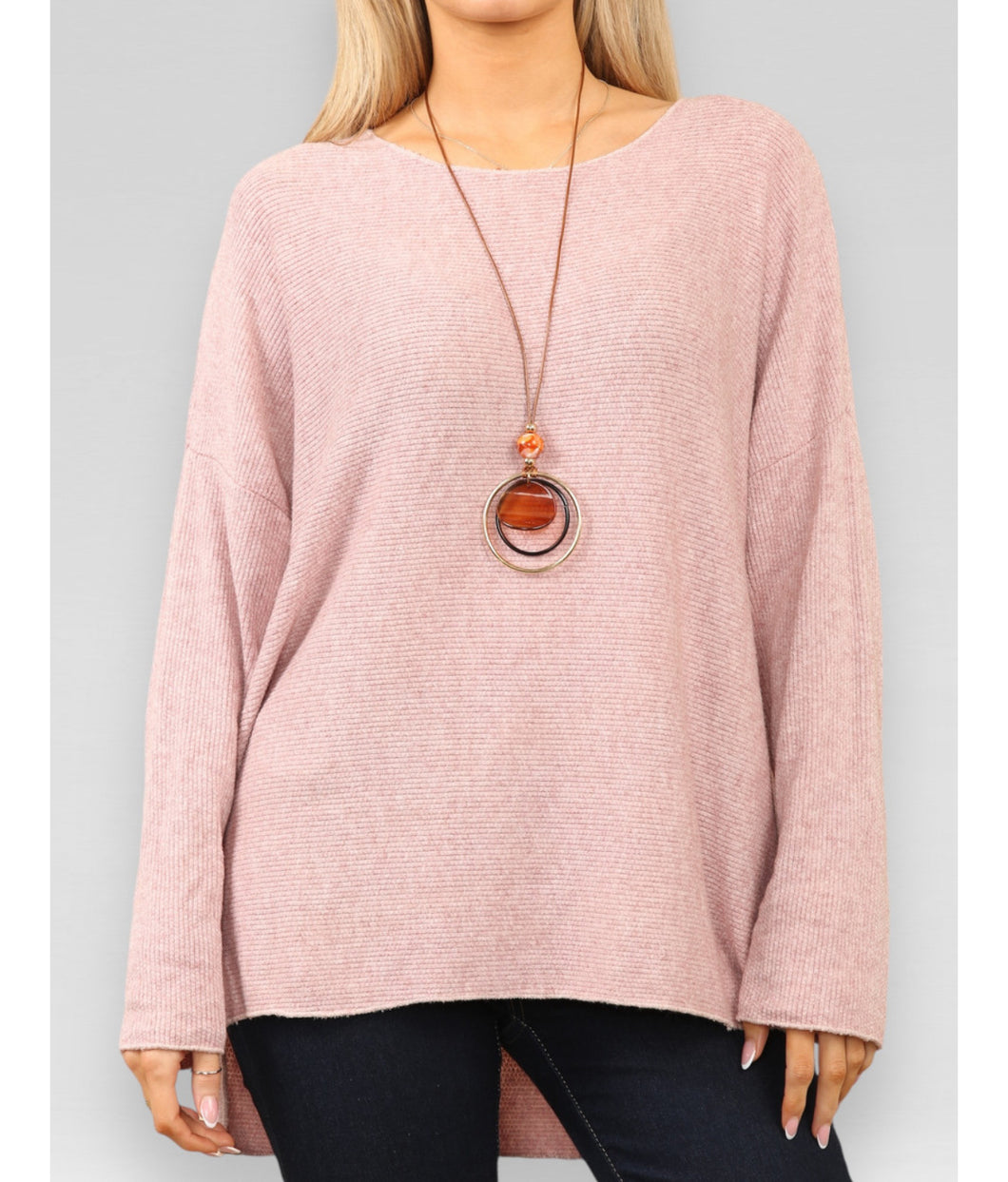 FINE KNIT RIBBED SPLIT SIDE JUMPER & NECKLACE DUSTY PINK