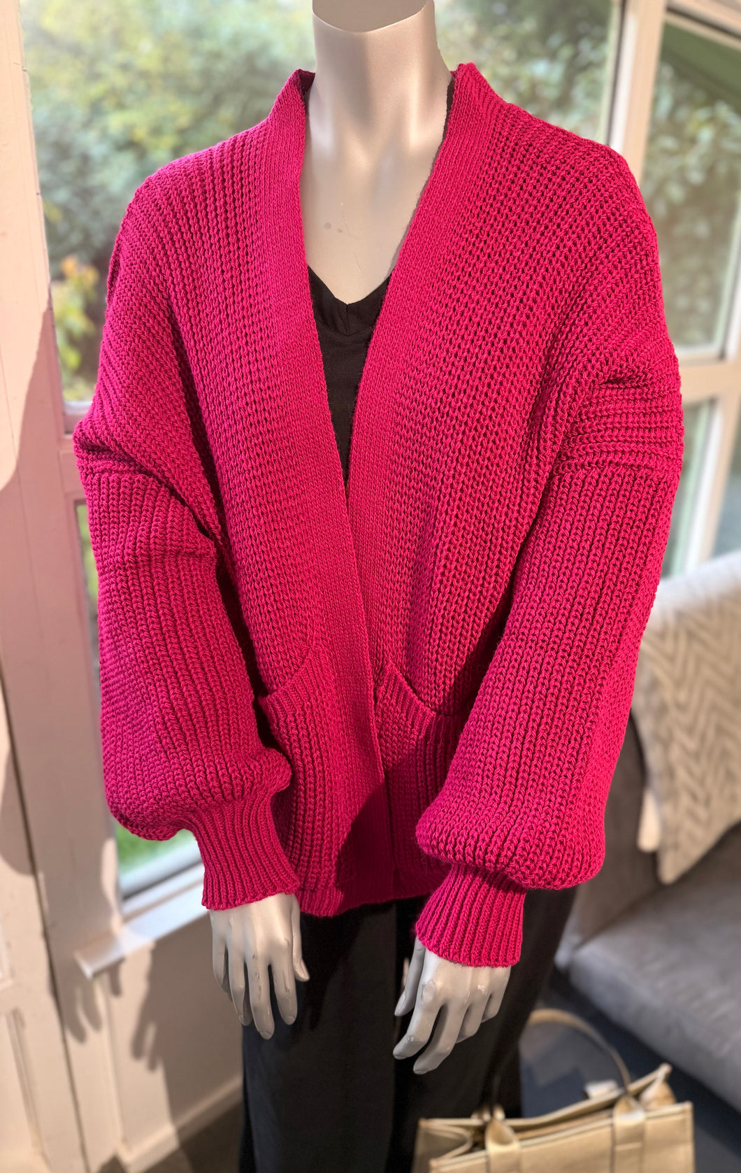 Pocket Detail Knitted Cardigan-Hot Pink