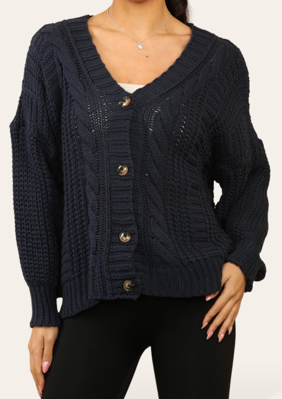 CABLE KNIT BUTTON FRONT CARDIGAN NAVY