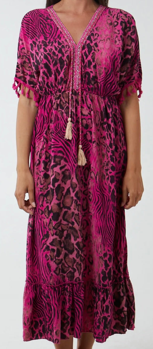 Fuchsia leopard tiered tassel trim midi dress