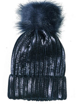 Load image into Gallery viewer, Navy metallic pompom beanie hat
