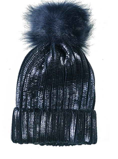 Navy metallic pompom beanie hat