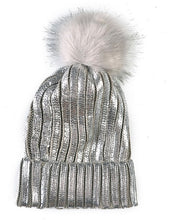 Load image into Gallery viewer, Silver metallic pompom beanie hat
