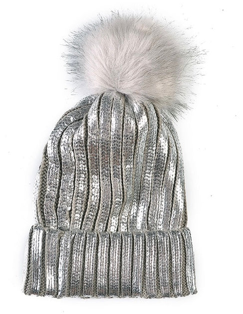 Silver metallic pompom beanie hat