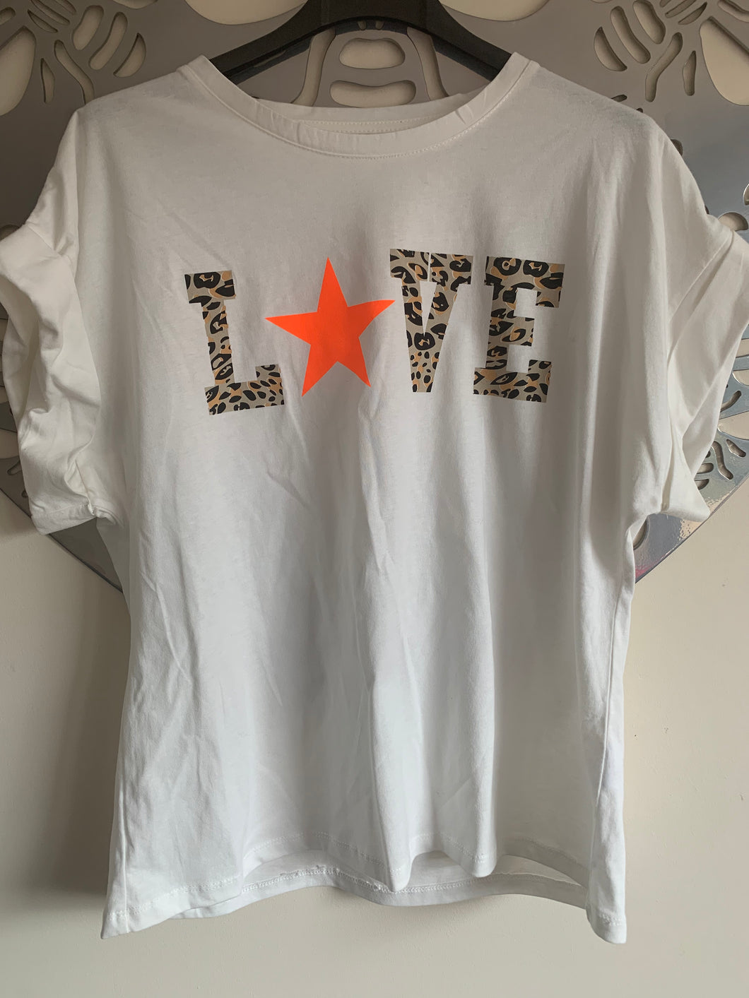 White & orange Leopard print love T-shirt