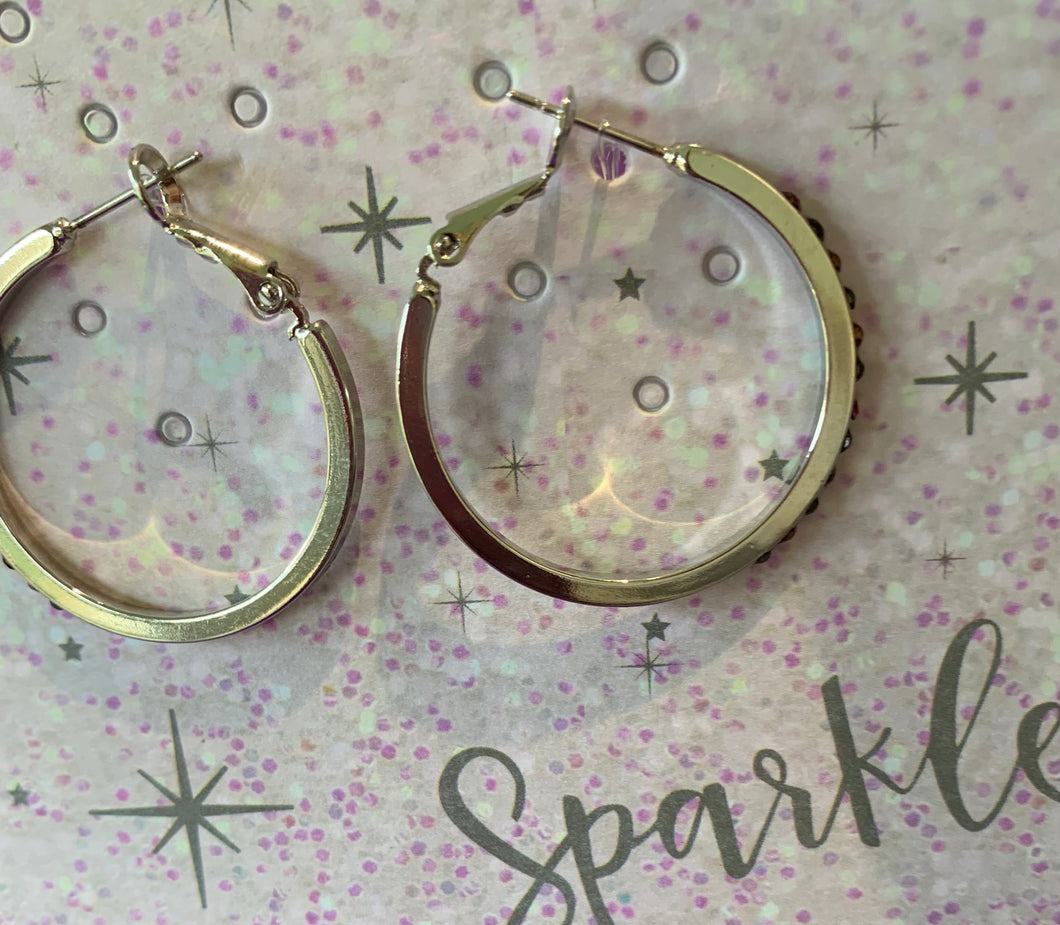Silver hoop earrings with pink diamantés