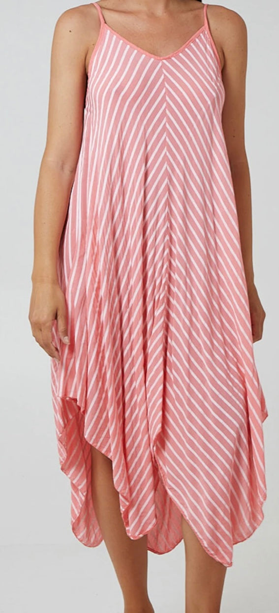 Coral Stripe Strappy Asymmetric Dress