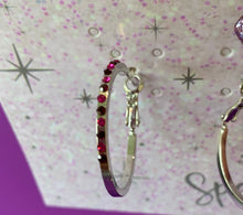 Load image into Gallery viewer, Silver hoop earrings with pink diamantés
