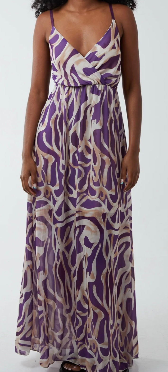 Purple Abstract Squiggle Wrap Front Maxi Dress