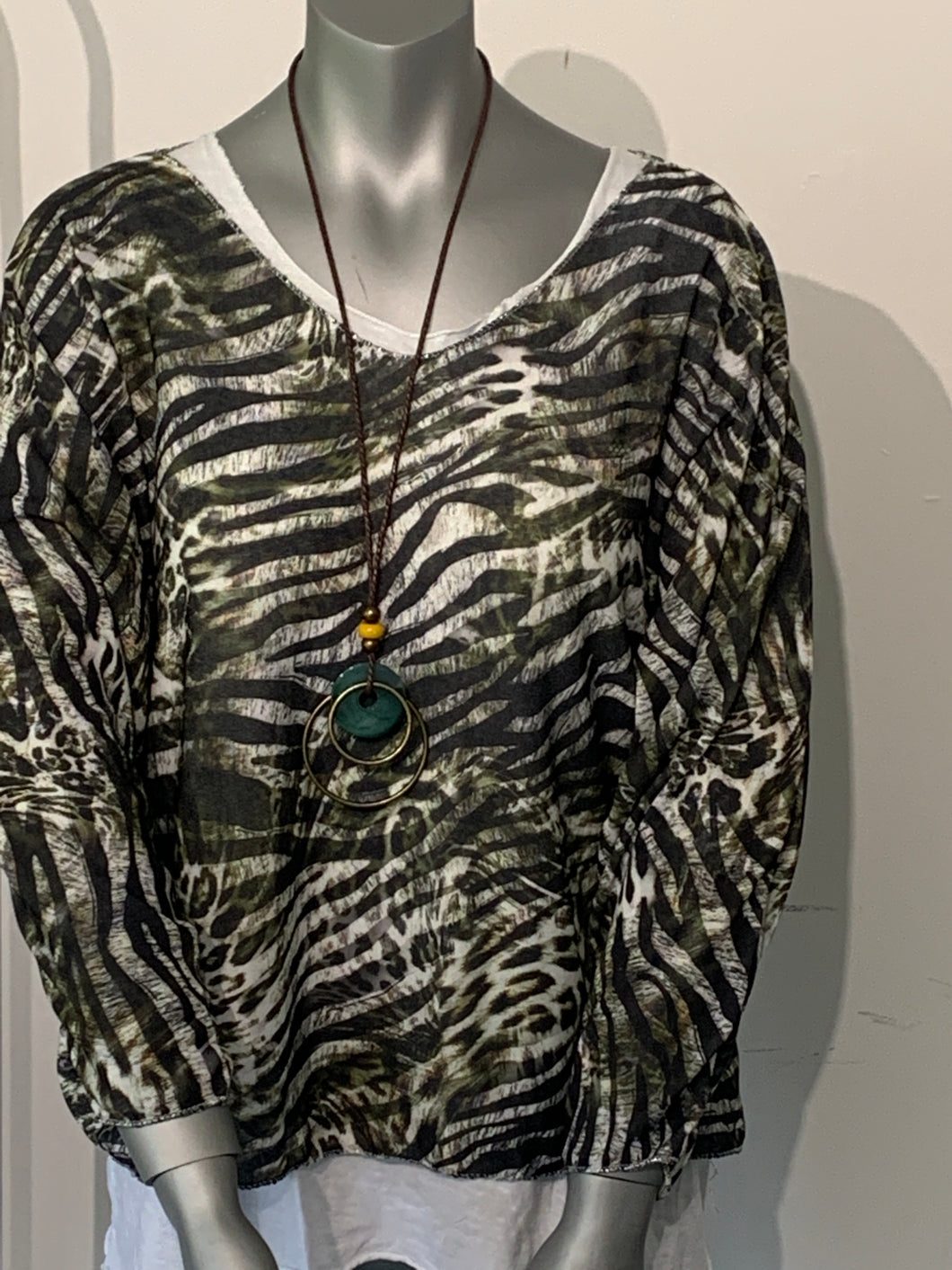 Double layer tiger print top with necklace